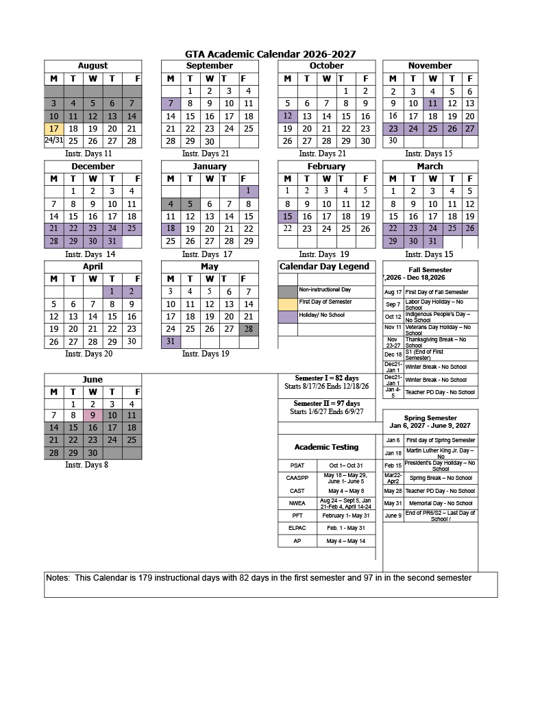 2026-2027 GTA Academic Calendar